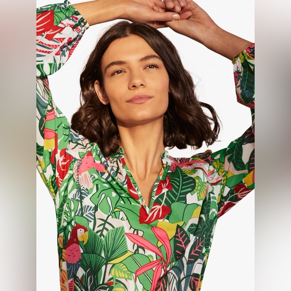 Boden Heather Parrot Print Blouse Size 2 Palm Leaf Paradise Jungle Long Sleeve - Picture 15 of 16